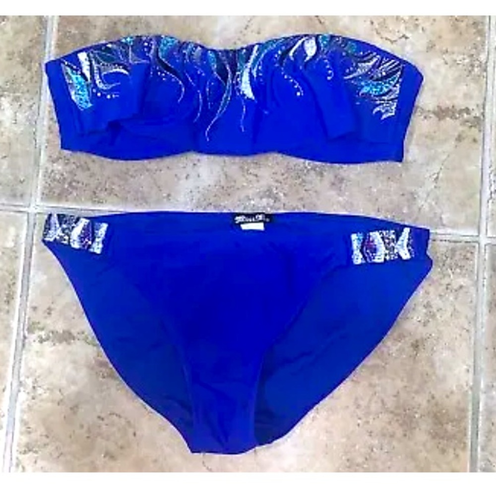 Miss Me Royal Blue Silver Flames & Rhinestone Ruffled Top 2 Pc Bikini Size L